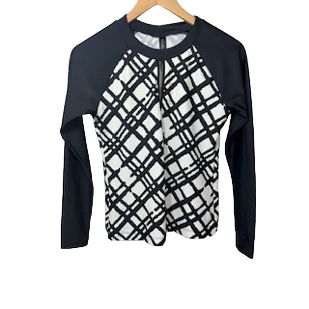 LA BLANCA Women's Geometric Print Long Sleeve Rash Guard Swim Top Black Size XS